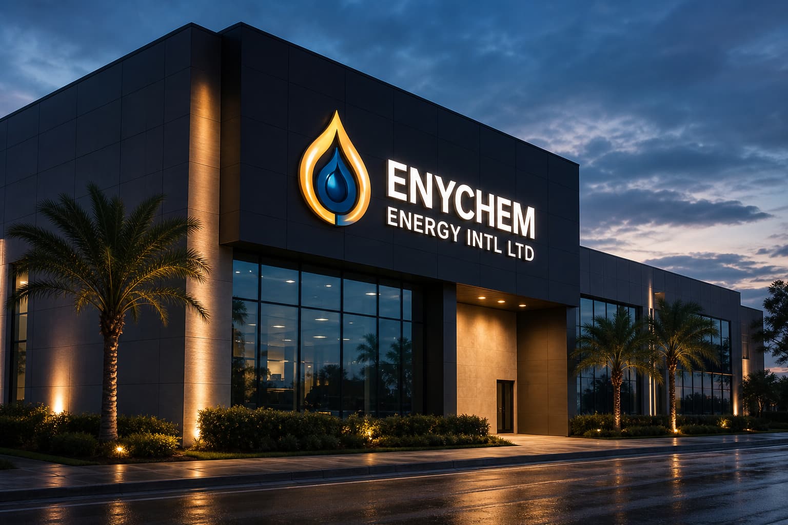 Enychem office building at dusk