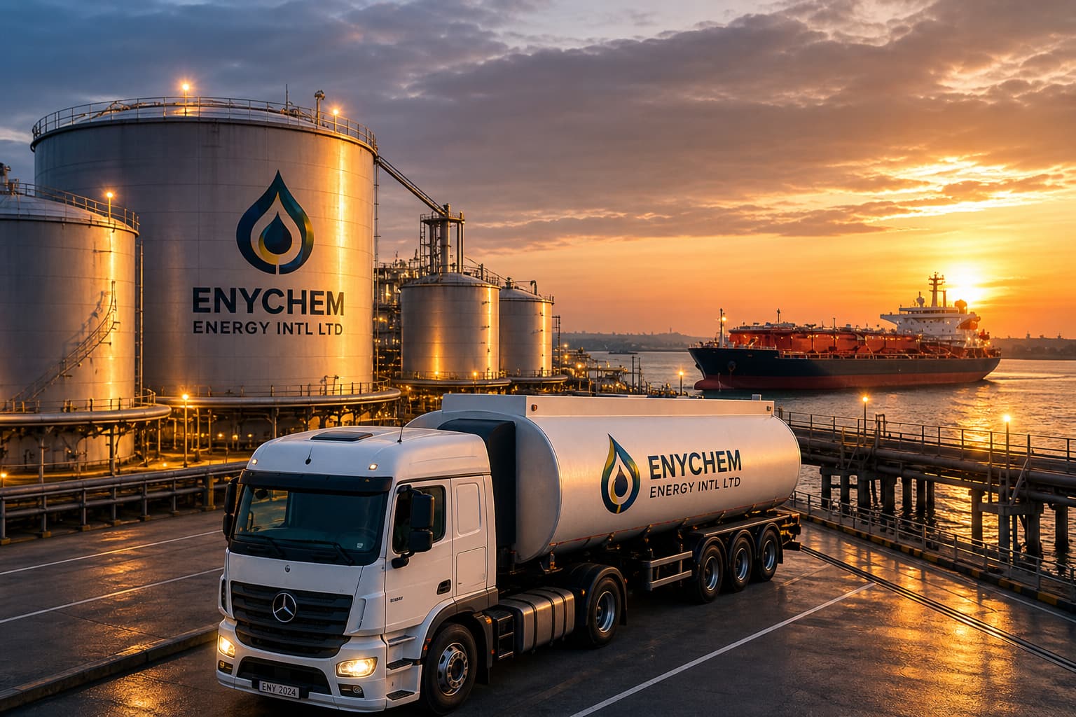 Storage tanks and a tanker truck at a coastal terminal